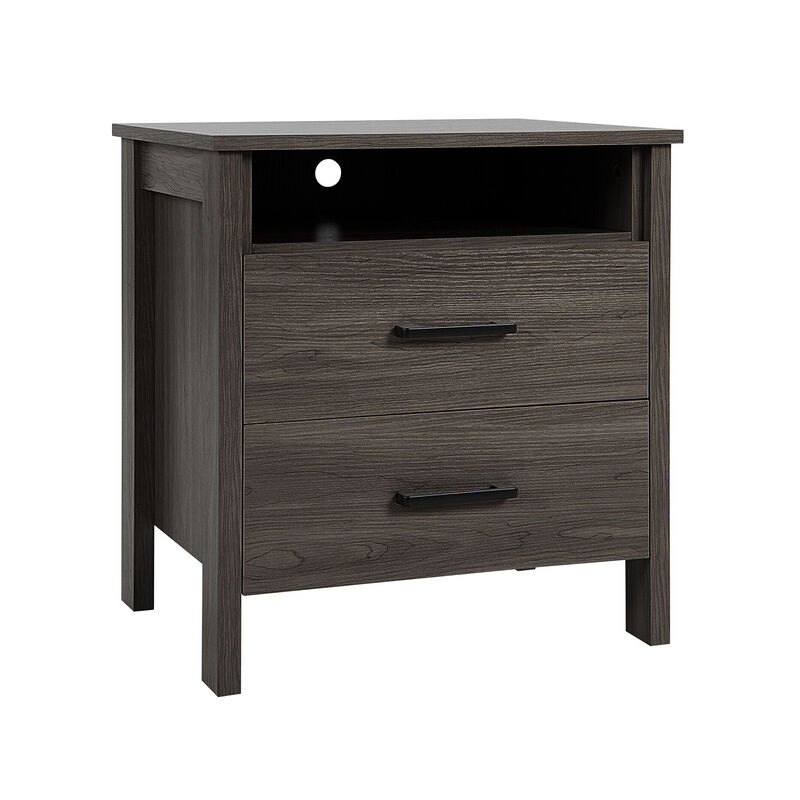 Modern Wood Grain Nightstand with Cable Hole and Open Compartment