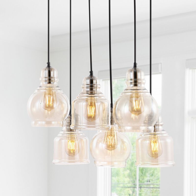 Sydney 18.88" 6-Light Bohemian Farmhouse Iron/Glass Cluster LED Pendant, Nickel/Champagne