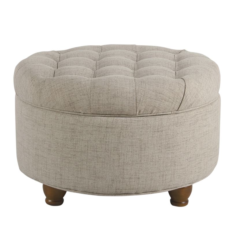 Fabric Upholstered Wooden Ottoman with Tufted Lift Off Lid Storage, Beige - Benzara