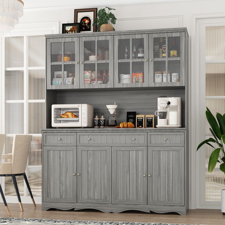 Gray Painted Wooden 61.2 in. W Buffet and Hutch Kitchen Cabinet with Drawers and Adjustable Shelves, Glass Doors
