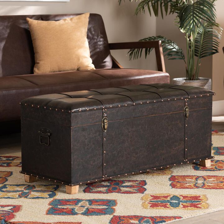 Leather Upholstered and Oak Brown Finished Wood Storage Ottoman