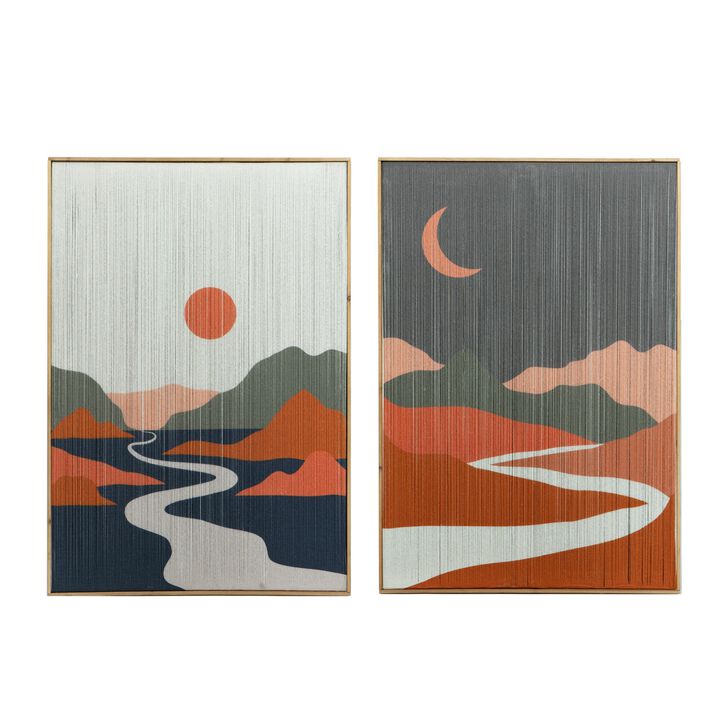 27 x 38 Wall Art Set of 2, Day and Night Design, Fir Wood, Orange, Gray - Benzara