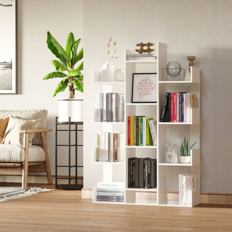 White Book Display: Modern 13-Shelf Tree Bookcase for Living Spaces