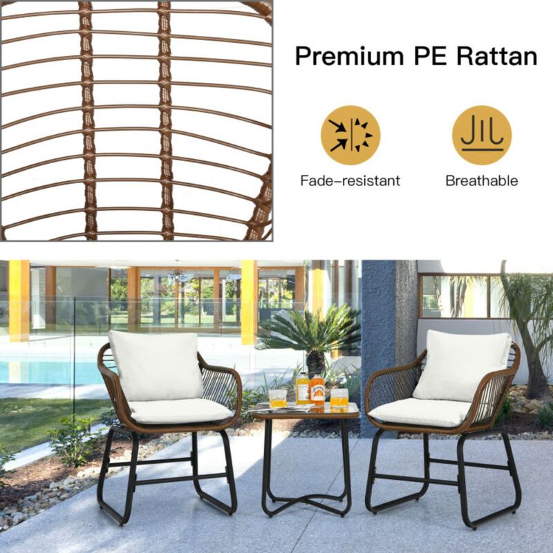 3 Pieces Patio Rattan Bistro Set Cushioned Chair Glass Table Deck