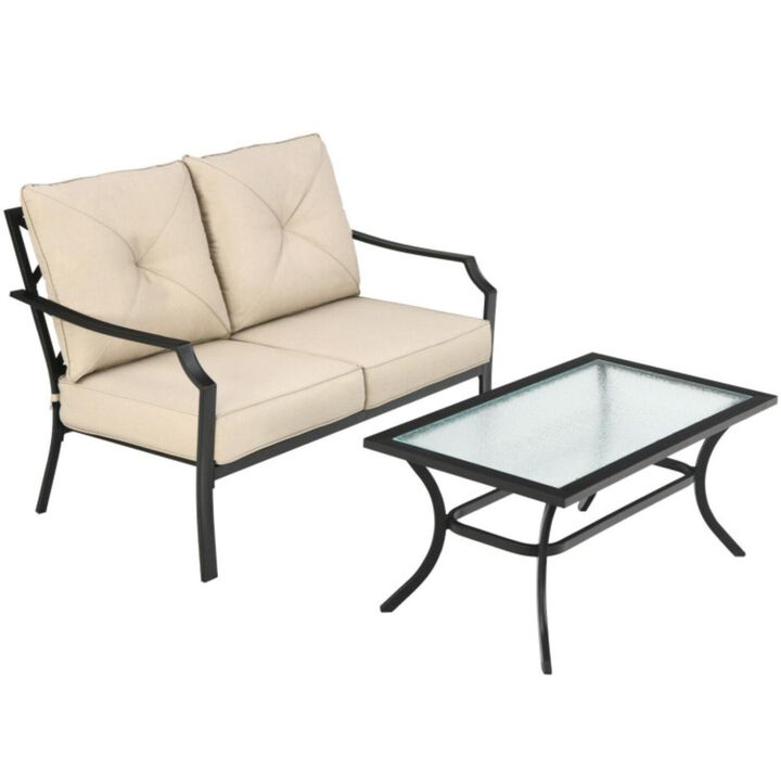 Hivvago 2 Pieces Patio Outdoor Cushioned  Sofa Bench with Coffee Table