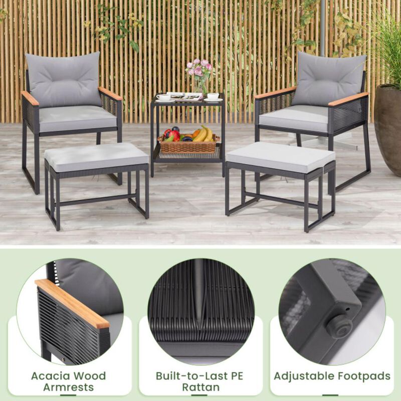 Hivvago 5 Piece Outdoor Rattan Conversation Set with 2-Layer Side Table and 2 Ottomans