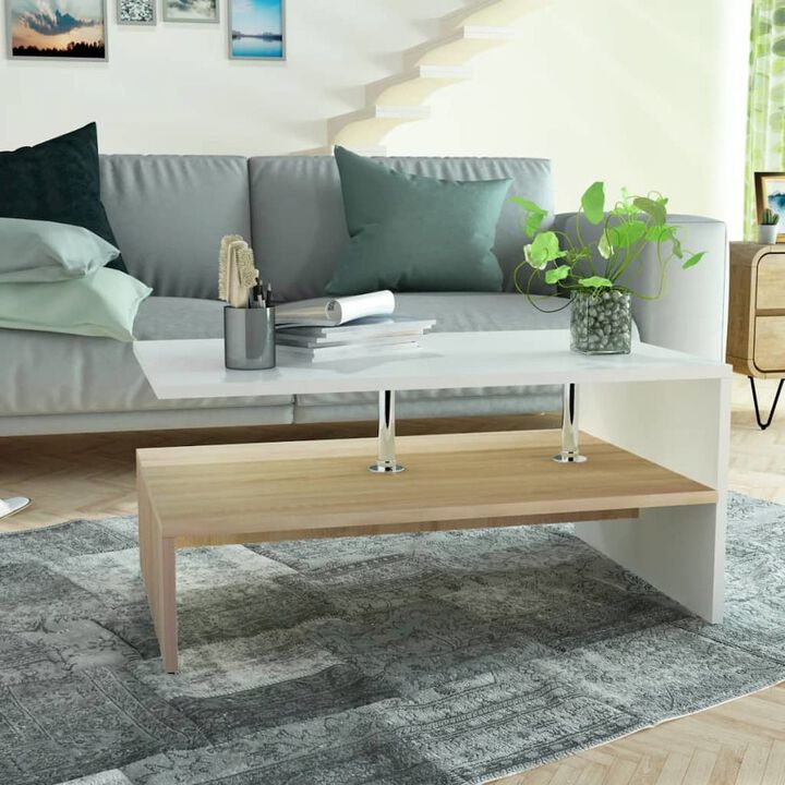 vidaXL Coffee Table Chipboard 35.4"x23.2"x16.5" Oak and White, 244856