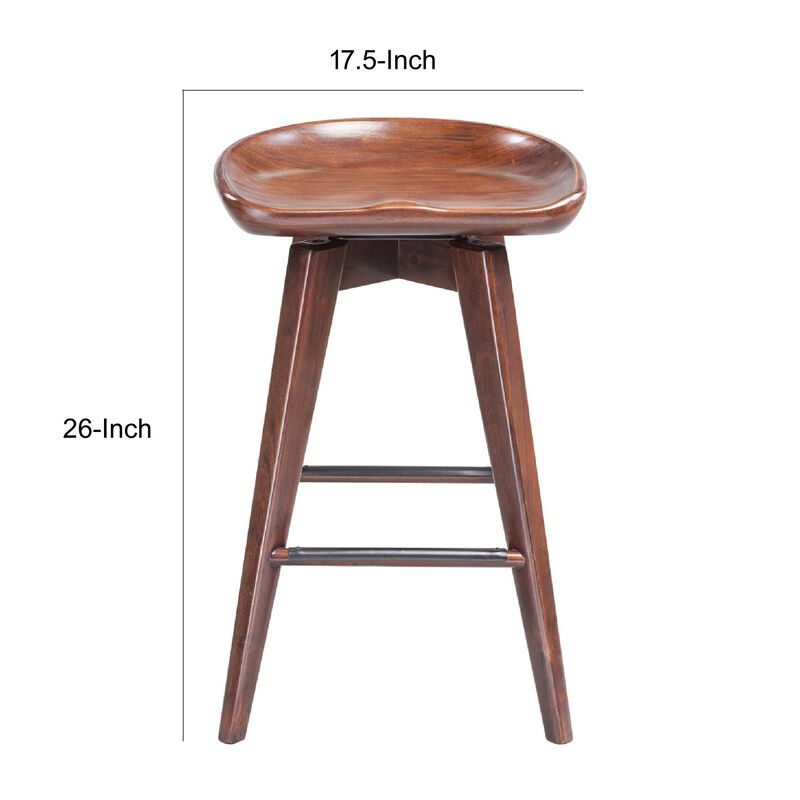 Esme 24 Inch Swivel Counter Stool, Contour Seat, Wood, Tapered Legs, Brown-Benzara