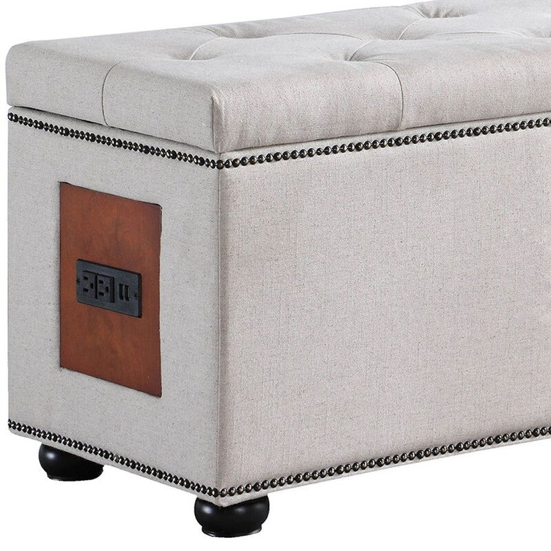 Homezia 17" Light Khaki 100% Linen And Black Tufted Storage Ottoman