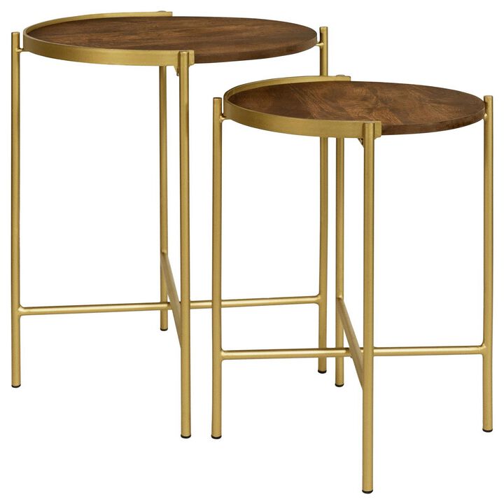 2 Piece Round Nesting Tables, Gold Iron, Modern Mango Wood, Warm Brown - Benzara