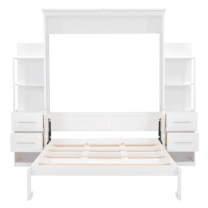 Queen Size Murphy Bed Wall Bed with Shelves, Drawers and LED Lights, White