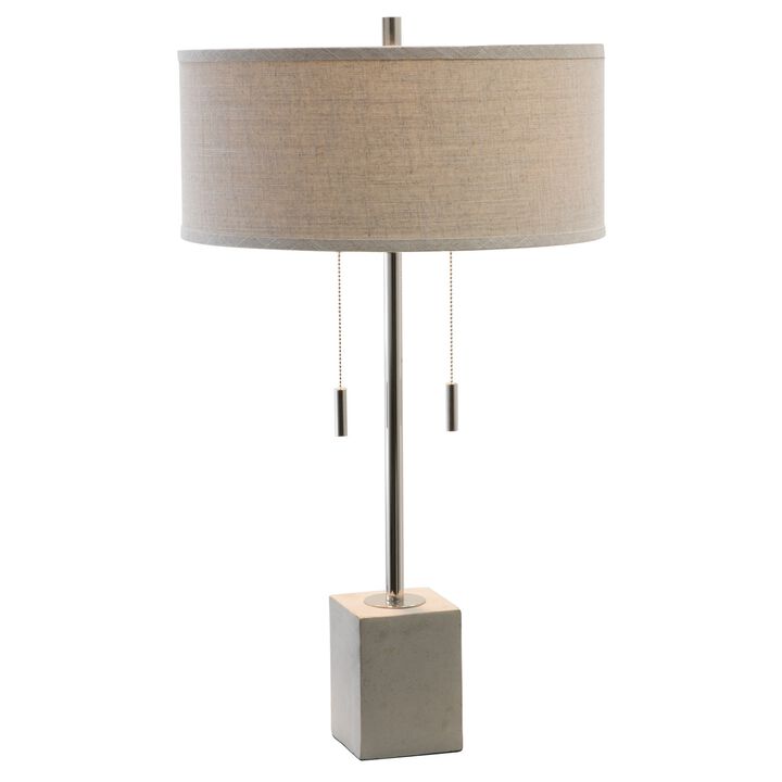 28 Inch Table Lamp, Classic Drum Fabric Shade, Accent Gray Block Base-Benzara
