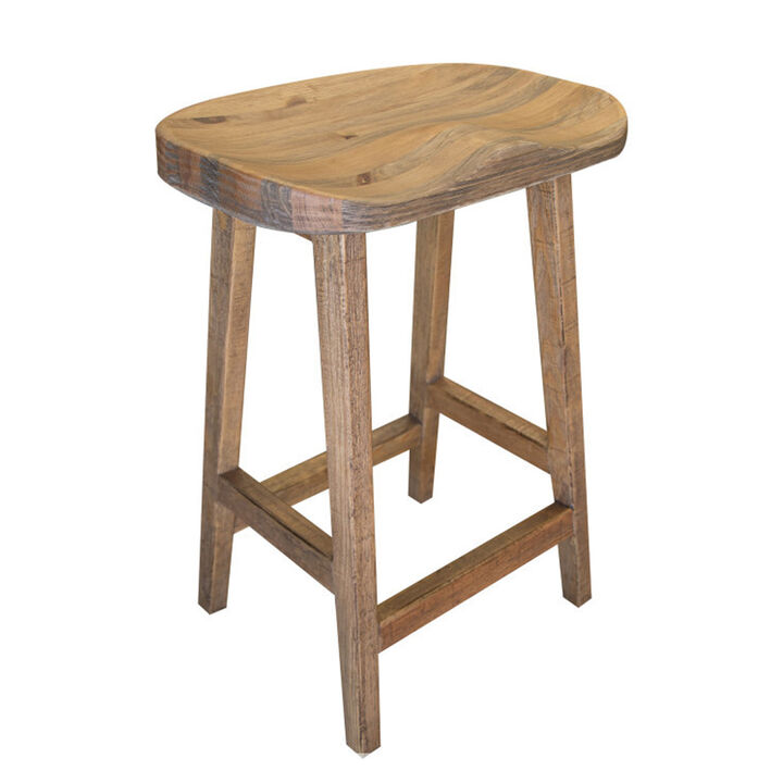 Asic 24 Inch Counter Height Stool, Pine Wood, Curved Seat, Natural Brown - Benzara