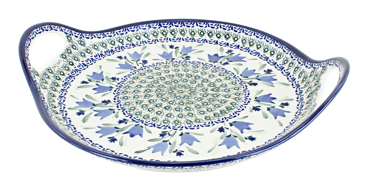 Blue Rose Polish Pottery Blue Tulip Round Serving Tray with Handles