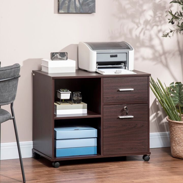 Lateral File Cabinet with Wheels, Mobile Printer Stand with Open Shelves and Drawers for A4 Size Documents, Walunt