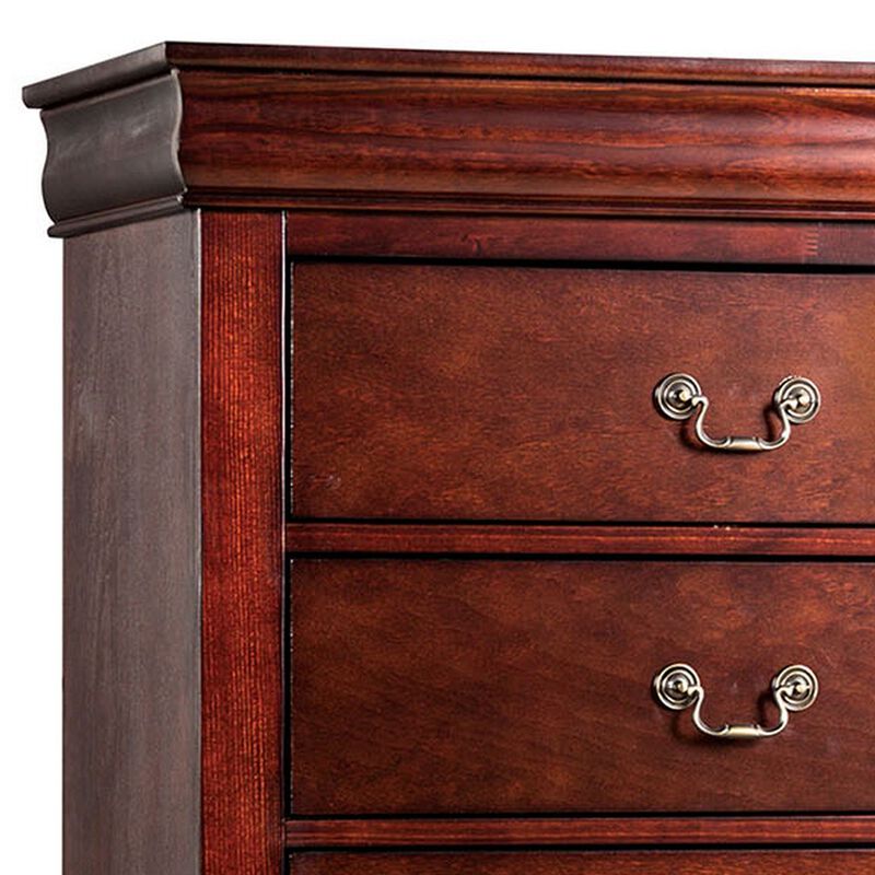 Ryla Tall Dresser Chest, 5 Drawers, Metal Handles, Cherry Brown Solid Wood