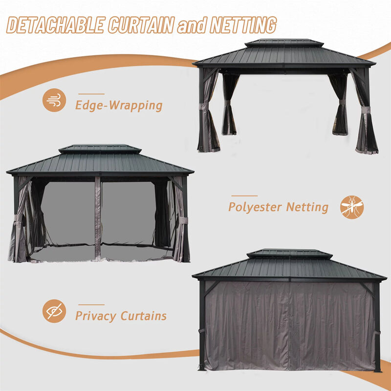 MONDAWE Hardtop Gazebo Outdoor Aluminum Gazebos Grill with Galvanized Steel Double Canopy for Patios Deck Backyard,Curtains&Netting