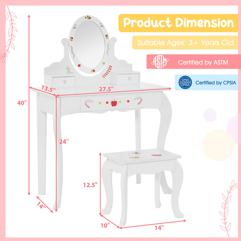 Kids Vanity and Stool Set with 360� Rotatable Mirror and Whiteboard-White