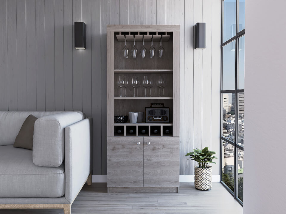 DEPOT E-SHOP Dakota Bar Double Door Cabinet, Five Built-in Wine Rack, Three Shelves, Light Gray