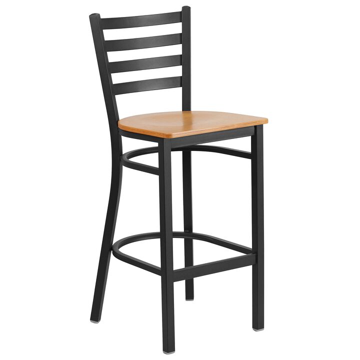 Flash Furniture HERCULES Series Black Ladder Back Metal Restaurant Barstool - Natural Wood Seat