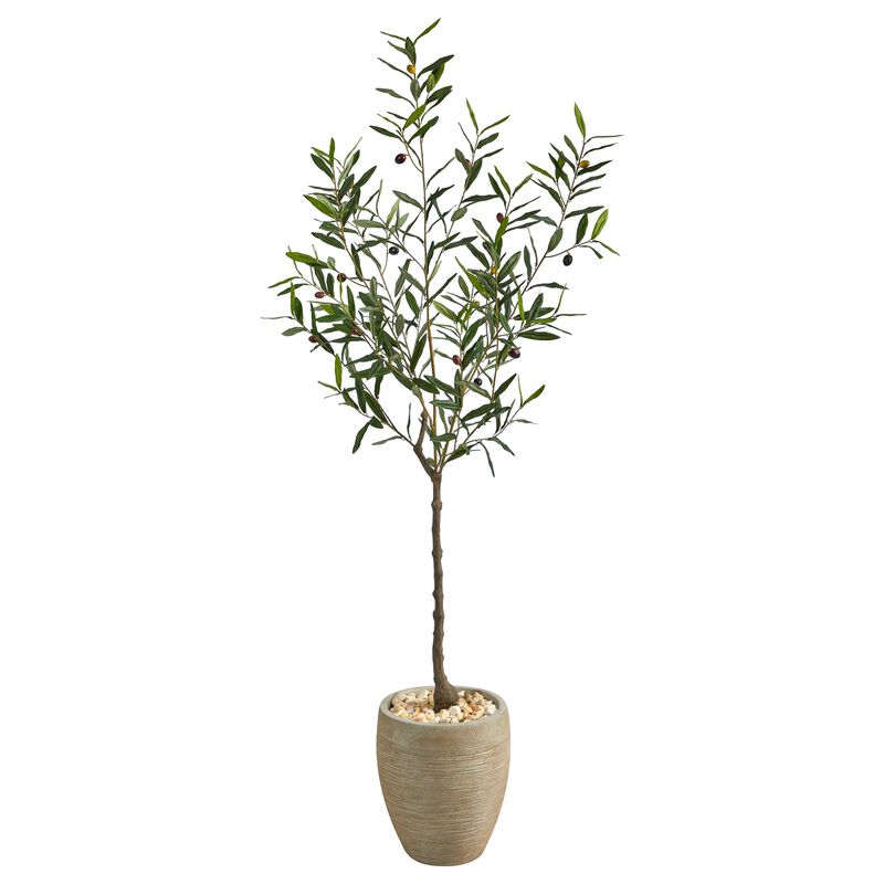 HomPlanti 5.5 Feet Olive Artificial Tree in Sand Colored Planter