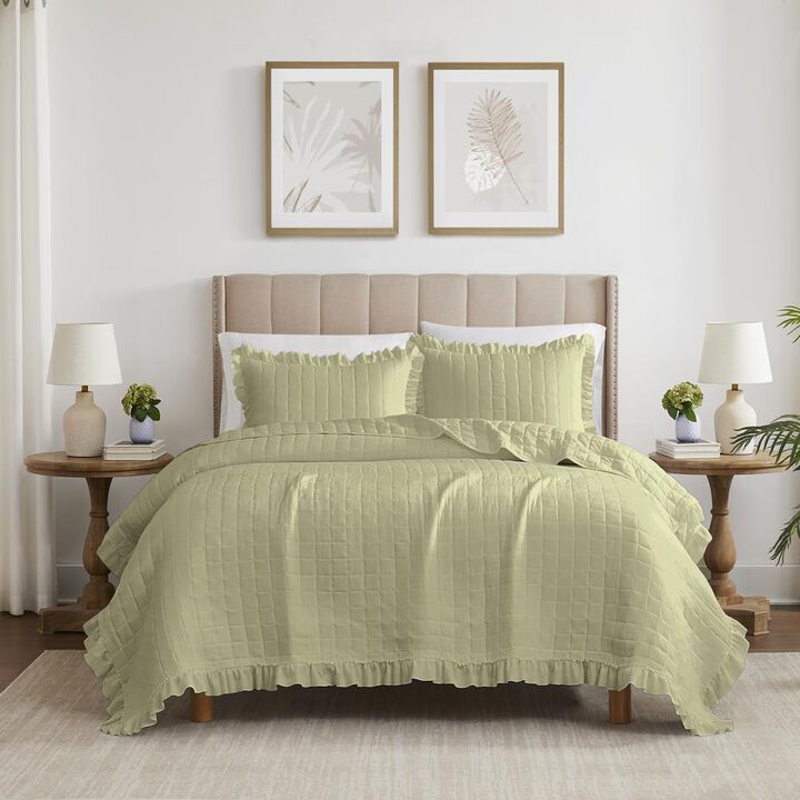 RT Designers Collection Belina 3 Pieces Washed Stitched Lightweight Quilts Set King Size For Bedding Sage