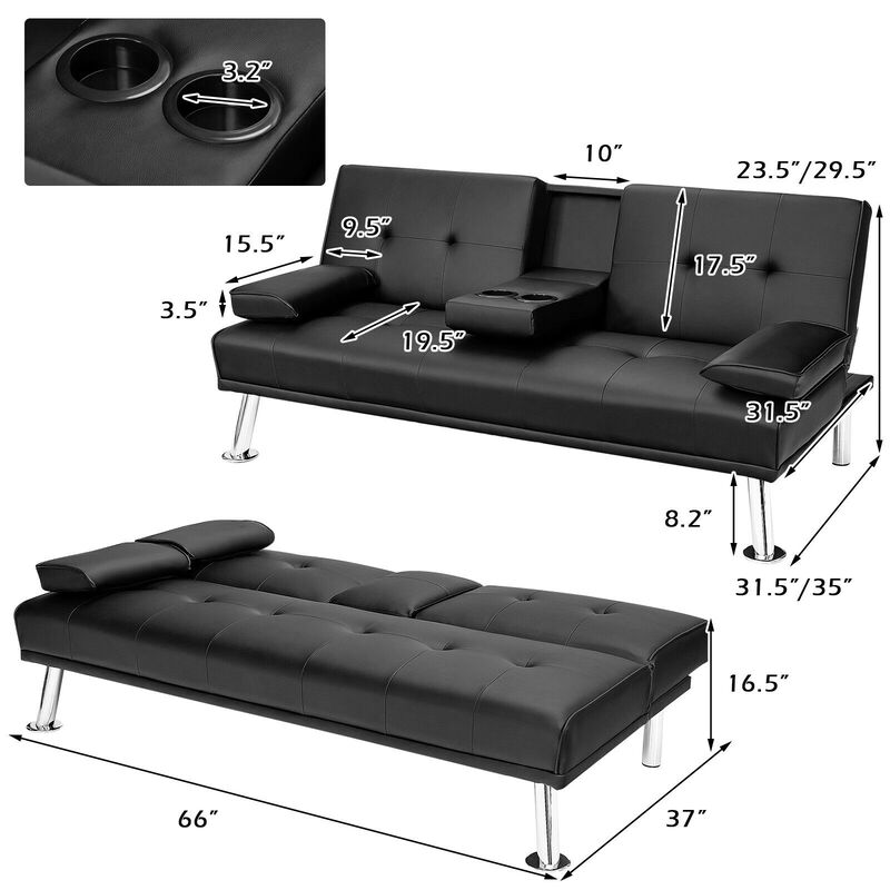 Convertible Folding Leather Futon Sofa with Cup Holders and Armrests