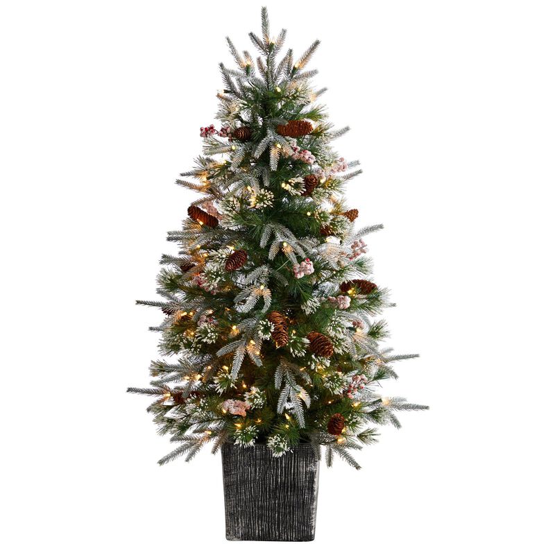 Nearly Natural 4-ft Frosted Artificial Christmas Tree Pre-Lit with 105  LED lights and Berries in Decorative Planter