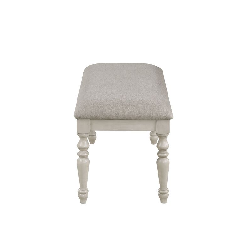 Katherine 48 Inch Bench with Fabric Seat and Turned Legs, White-Benzara