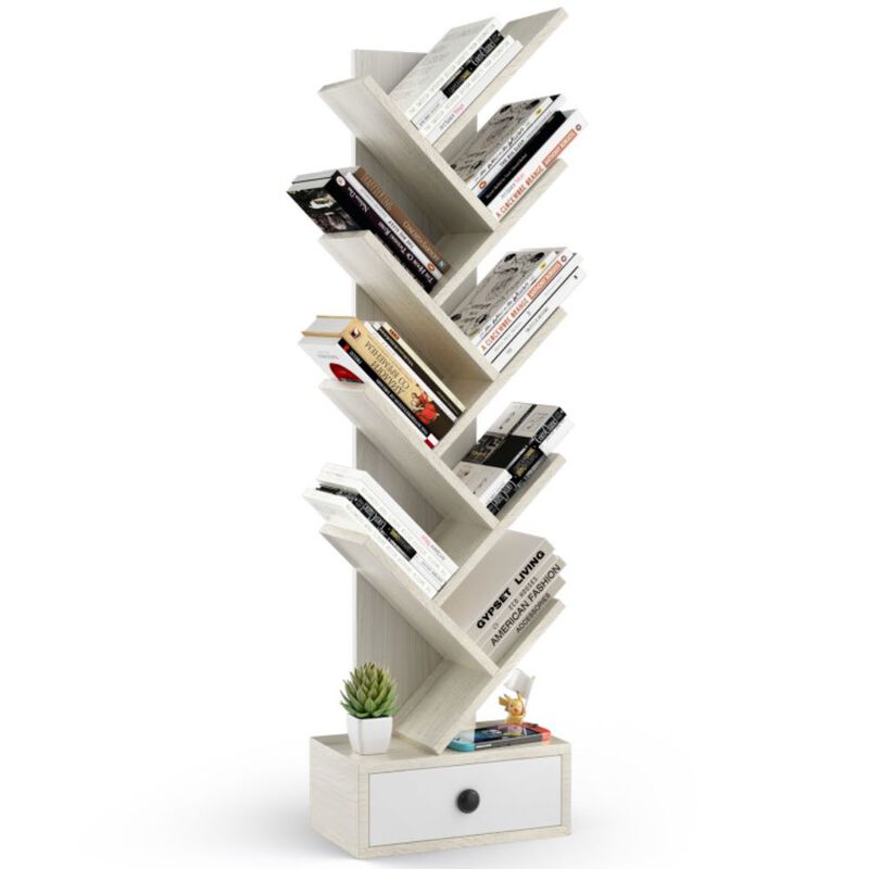 Hivago 10-Tier Tree Bookshelf with Drawer and Anti-Tipping Kit