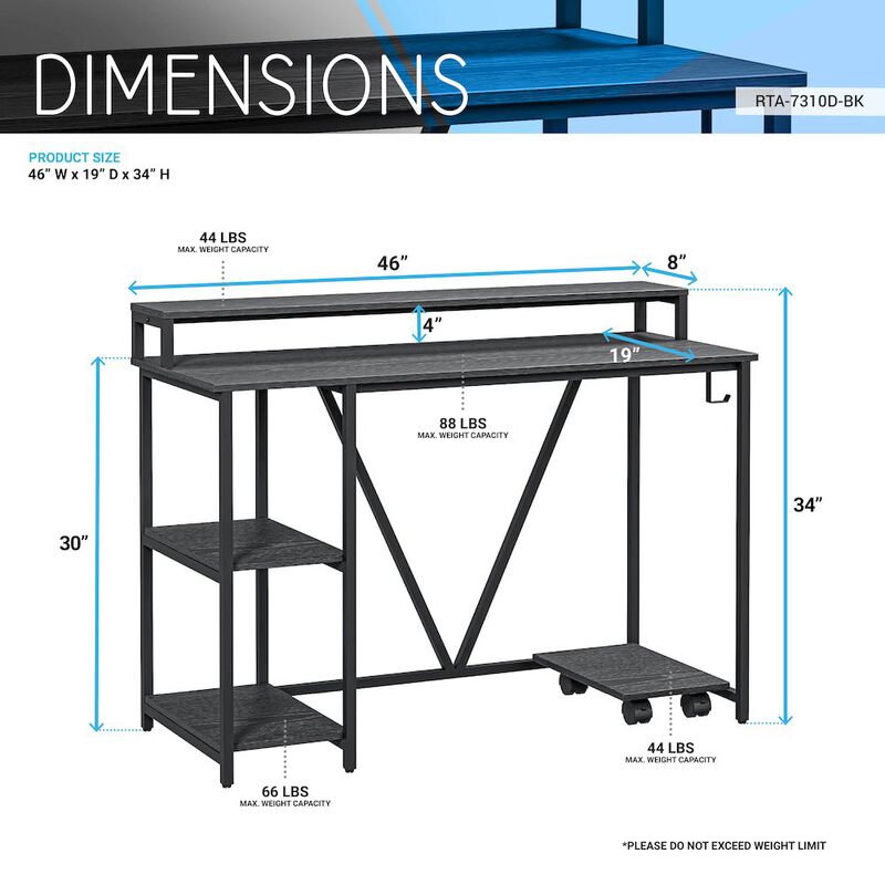 Techni Mobili Industrial Writing Desk, Black