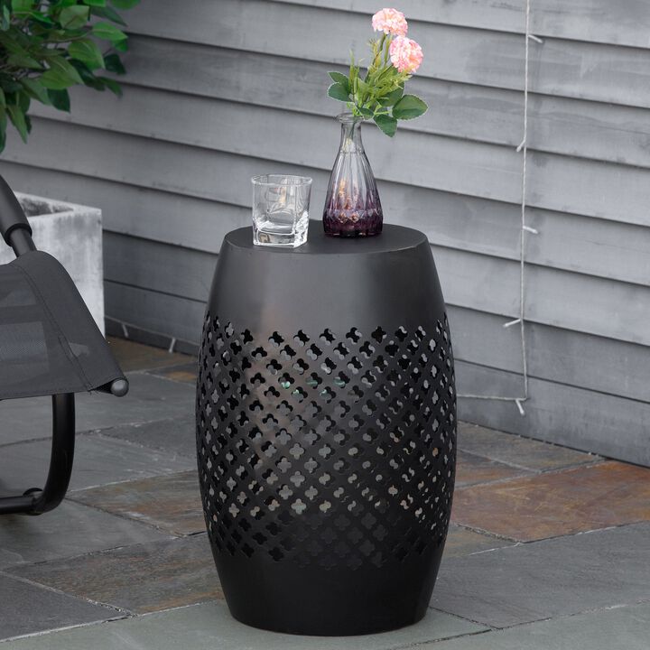 Black Steel Patio End Table, Round Side Table with Hollow Drum Design