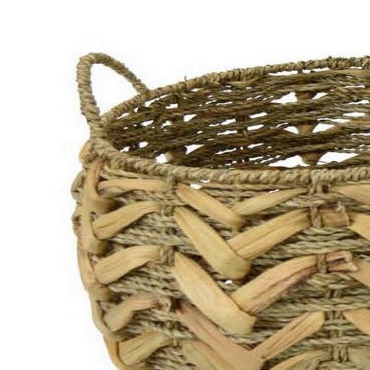 15 Inch Decorative Basket Set of 3, Handwoven Hyacinth Fiber Rope, Brown - Benzara