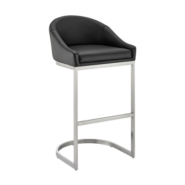 Holo 26 Inch Counter Stool Chair, Metal Cantilever Base, Black Faux Leather - Benzara