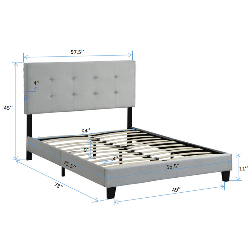 Full Size Upholstered Platform Bed Frame with pull point Tufted Headboard, Strong Wood Slat Support, Mattress Foundation, No Box Spring Needed, Easy Assembly, Gray