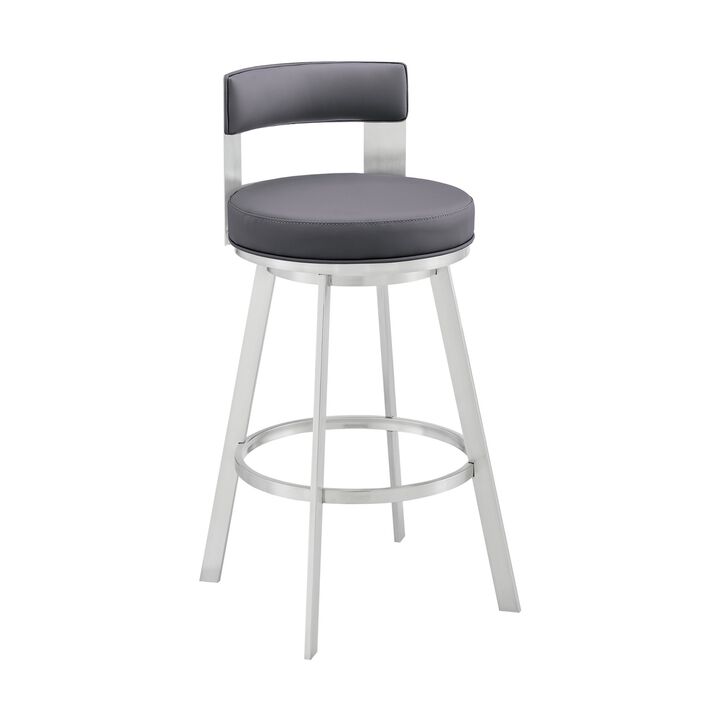 Ami 30 Inch Swivel Barstool Chair, Gray Faux Leather Open Back, Silver Base - Benzara