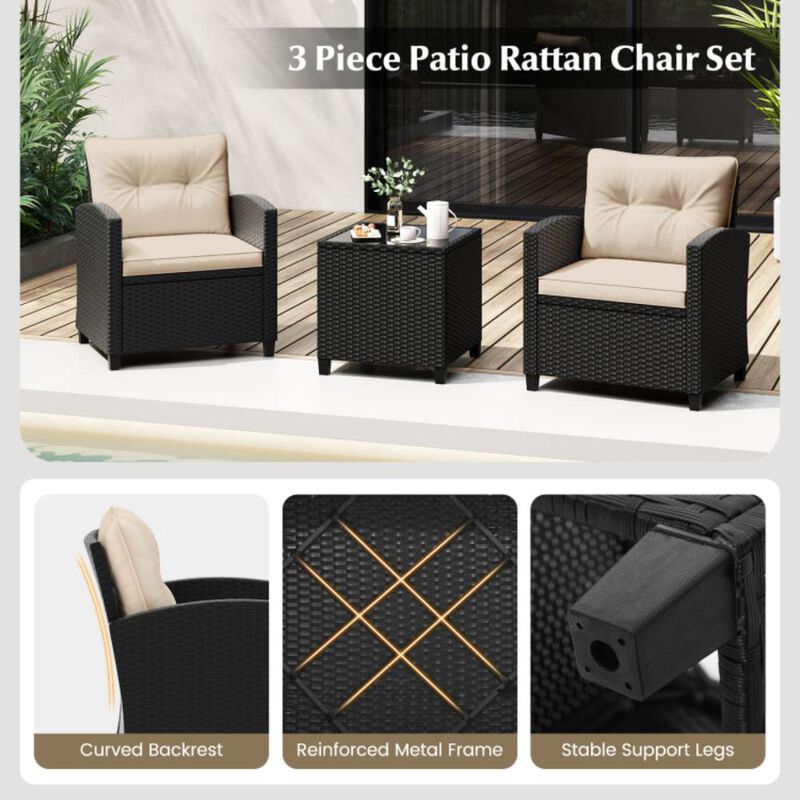 Hivvago 3 Pieces Patio Furniture Set with Tempered Glass Coffee Table