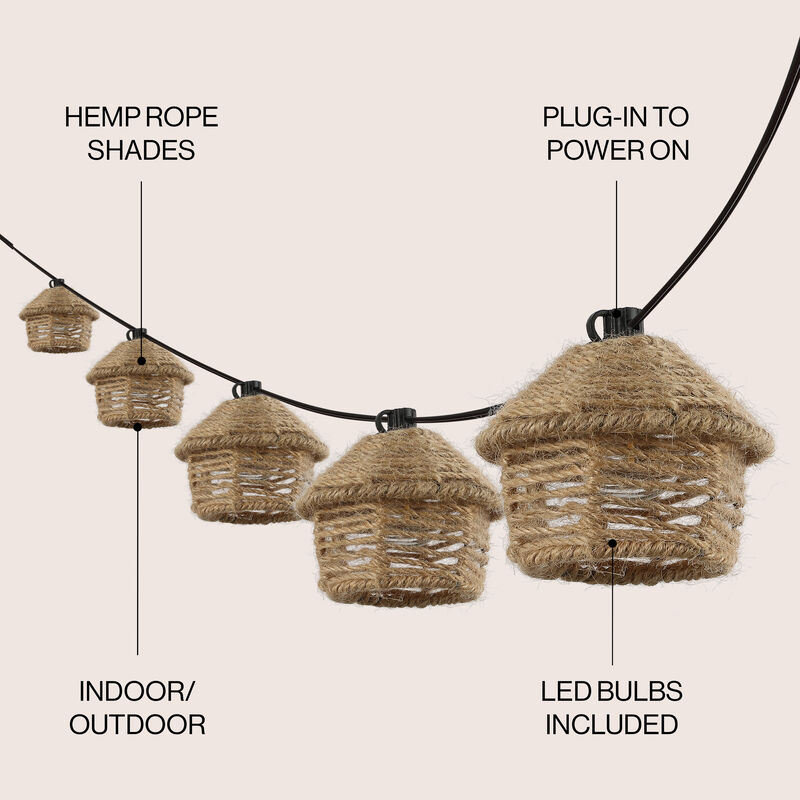 Maui 10-Light Indoor/Outdoor 10 ft. Mid-Century Vintage Incandescent G40 Tiki Hut Hemp Rope Shaded String Lights, Brown