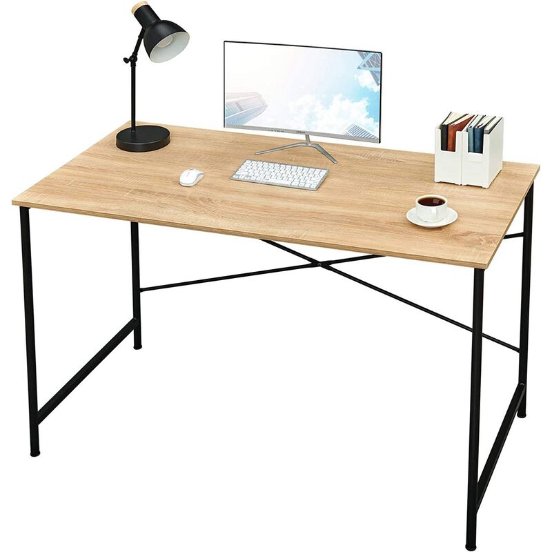 Hivvago Modern Home Office Computer Desk Table with Black Metal Frame Wood Top in Oak