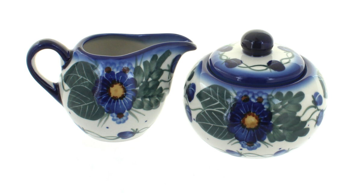 Blue Rose Polish Pottery Forget Me Not Sugar Bowl & Creamer Set