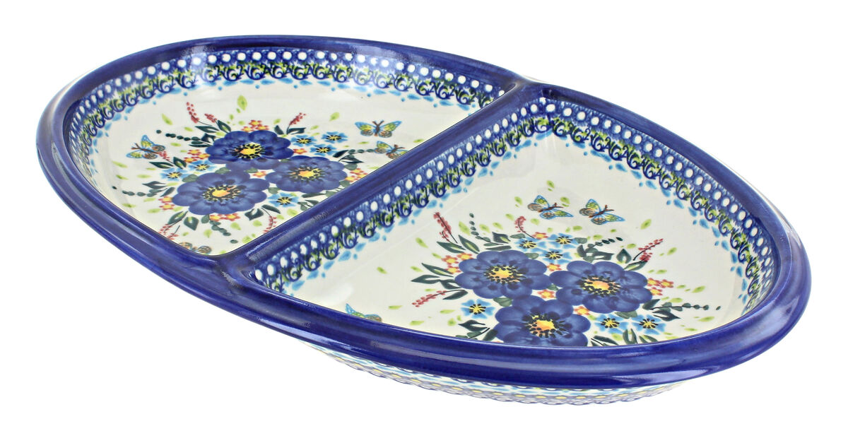 Blue Rose Polish Pottery Poinsettia Large Divided Dish