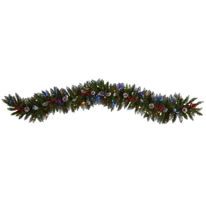 Nearly Natural 6-ft Snow Tipped Extra Wide Artificial Christmas Garland with Pinecones, Berries and 100 Multicolor LED Lights