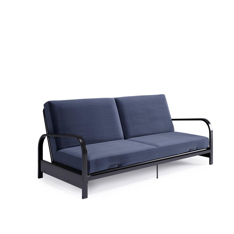 Karli Black Metal Arm Futon Frame with 6" Blue Mattress and extra Black Slipcover