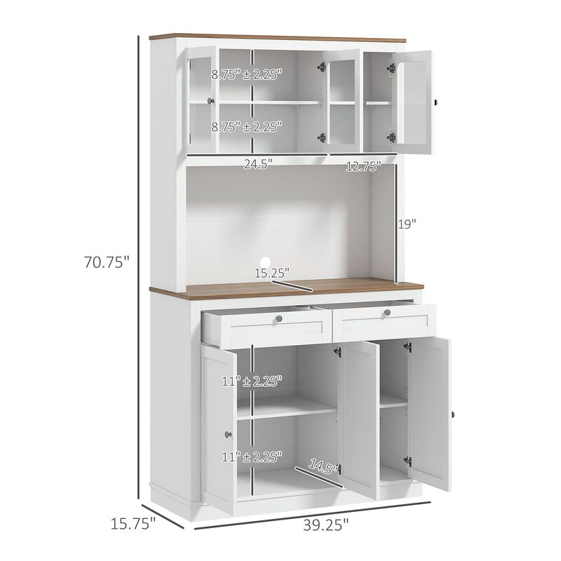 71" White Kitchen Pantry: Microwave Stand, 2 Drawers, 4 Cabinets