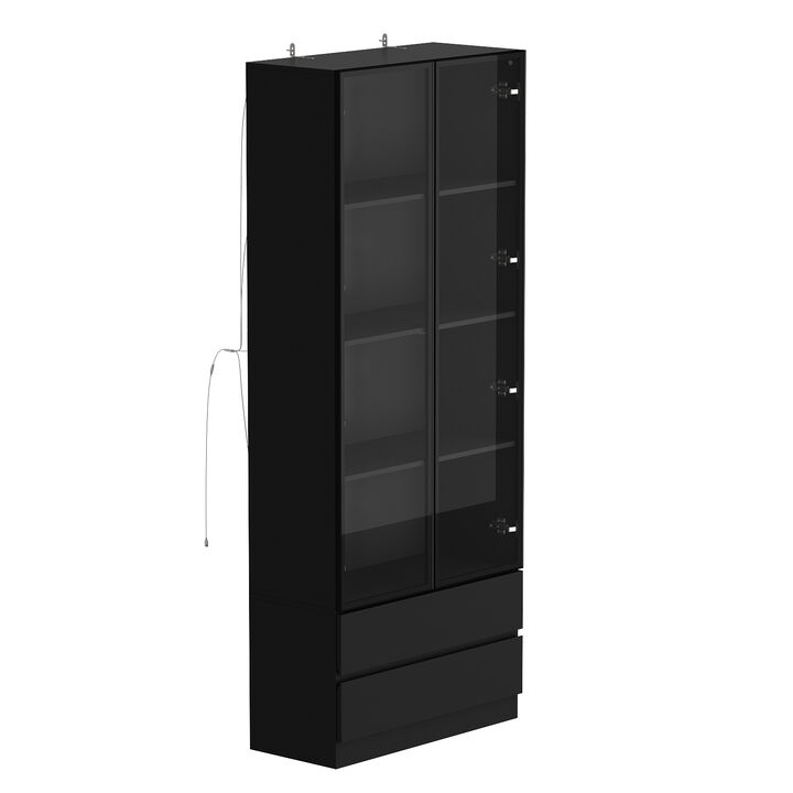 78.7 in. Black Wooden Accent Storage Cabinet With 2-Glass Doors, Drawers, Adjustable Shelves, LED Lights