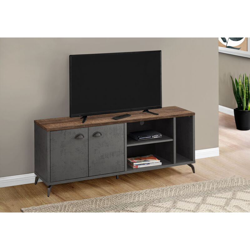 Monarch Specialties I 2831 Tv Stand, 60 Inch, Console, Media Entertainment Center, Storage Cabinet, Living Room, Bedroom, Laminate, Metal, Grey, Brown, Contemporary, Modern