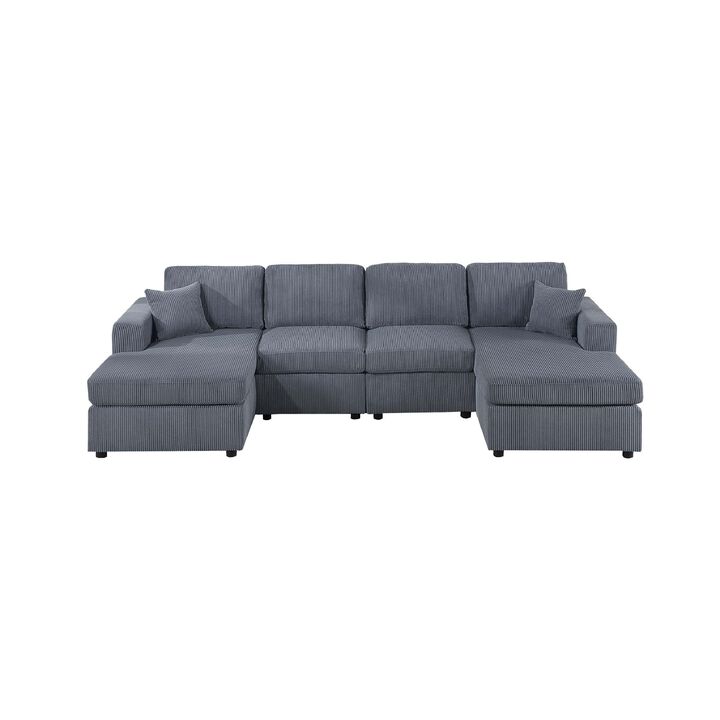 Iny U Sectional Sofa Set with Chaise, Armless Chair, 2 Pillows, Gray - Benzara