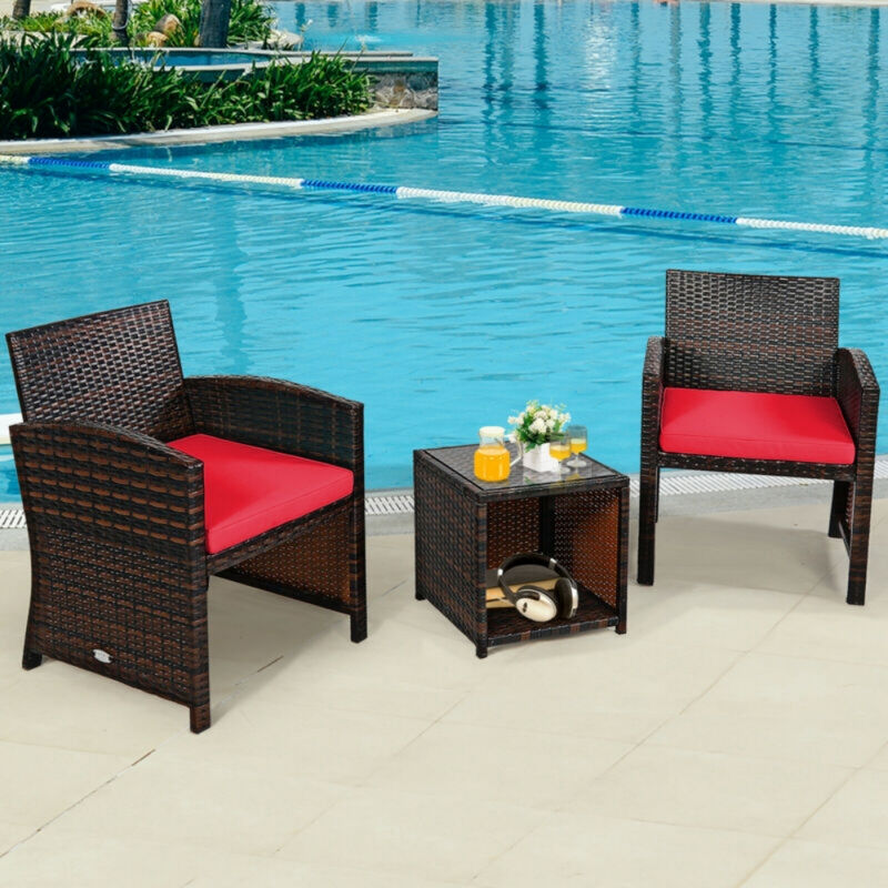 3 Pieces PE Rattan Wicker Furniture Set with Cushion Sofa Coffee Table for Garden