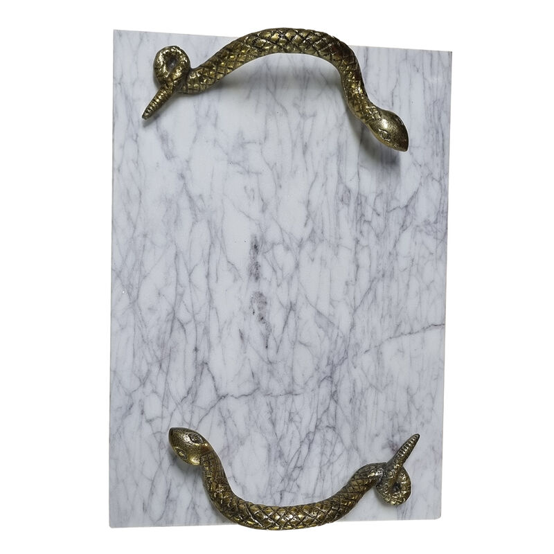 14 Inch Decorative Serving Tray, White Marble Stone with Brass Finished Snake Handles - Benzara