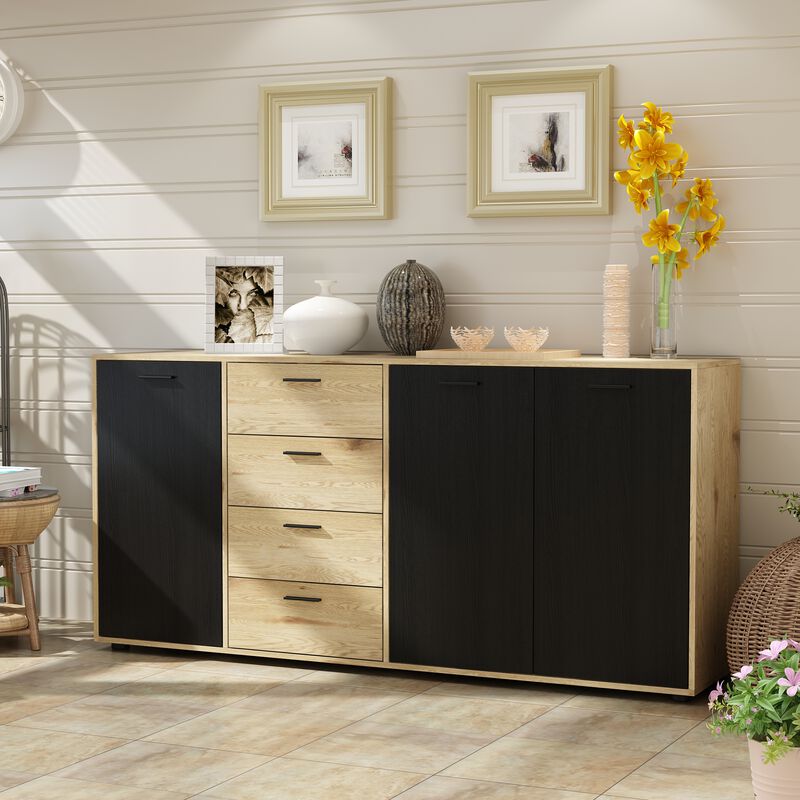 Burly Wood Color and Black 32.6 in. H Rectangle Wooden Storage Cabinet, Sideboard, Dresser with 4-Drawer and 4-Shelf